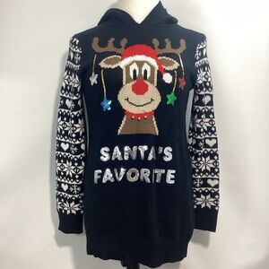 Rudolph Bling Long Hooded Santa’s Favorite Ugly Christmas Sweater Black Size XL